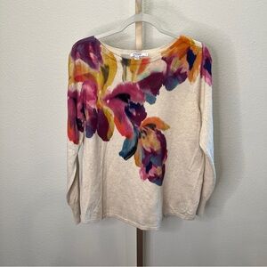 Chico’s Botanical Bateau Neck Long Sleeve Sweater Oatmeal Jewel tones  L (2)